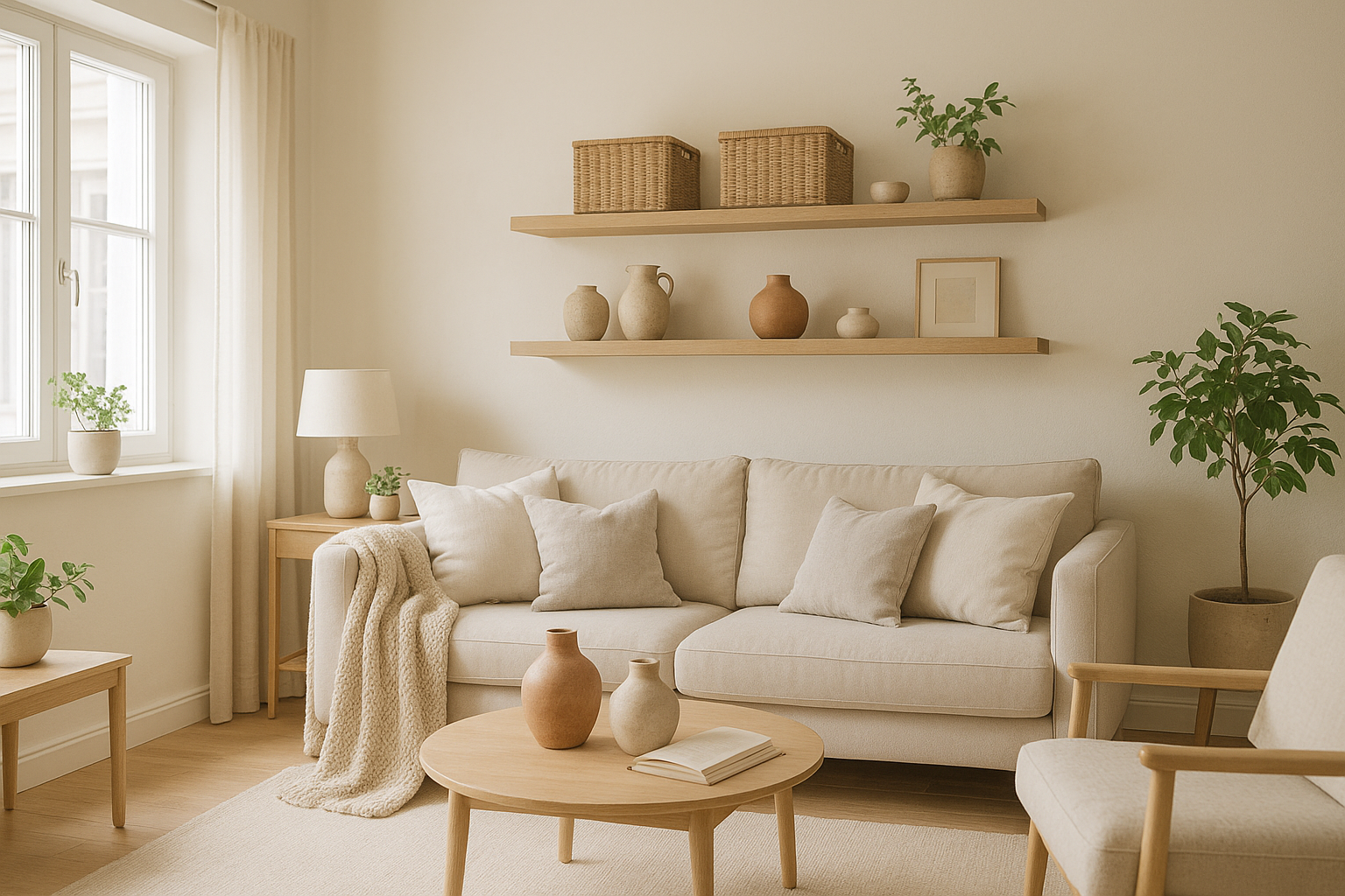 Comfortable and organized home essentials including cushions and baskets