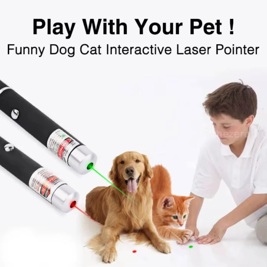 Two laser pointers with a dog and cat playing with them on a white background.