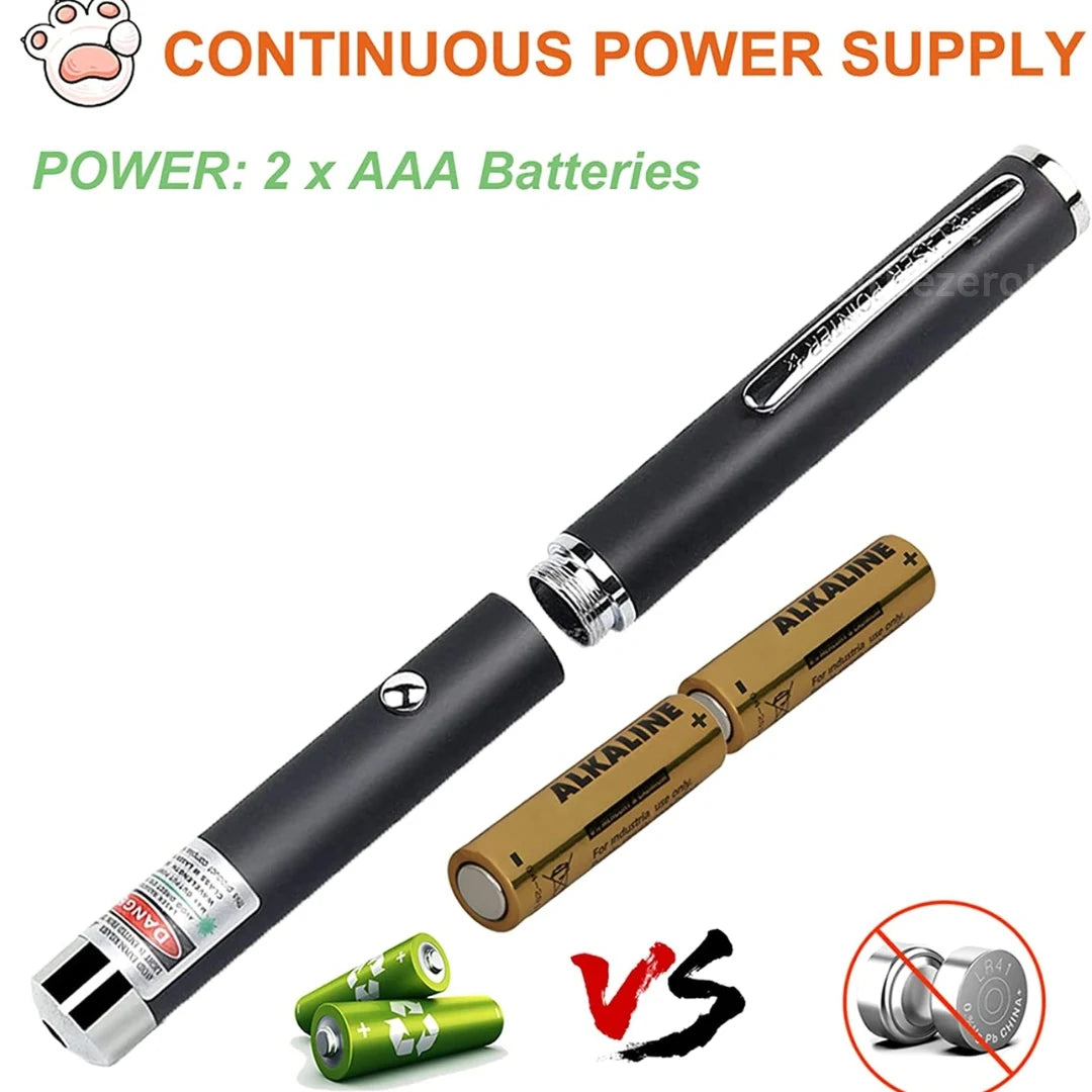 Black pen with batteries and text indicating continuous power supply and battery type.