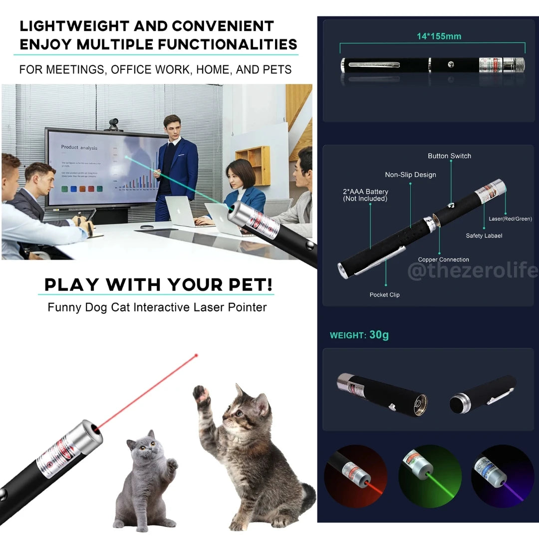 Dog and cat interacting with a laser pointer, used for meetings and office work, and as a pet toy.