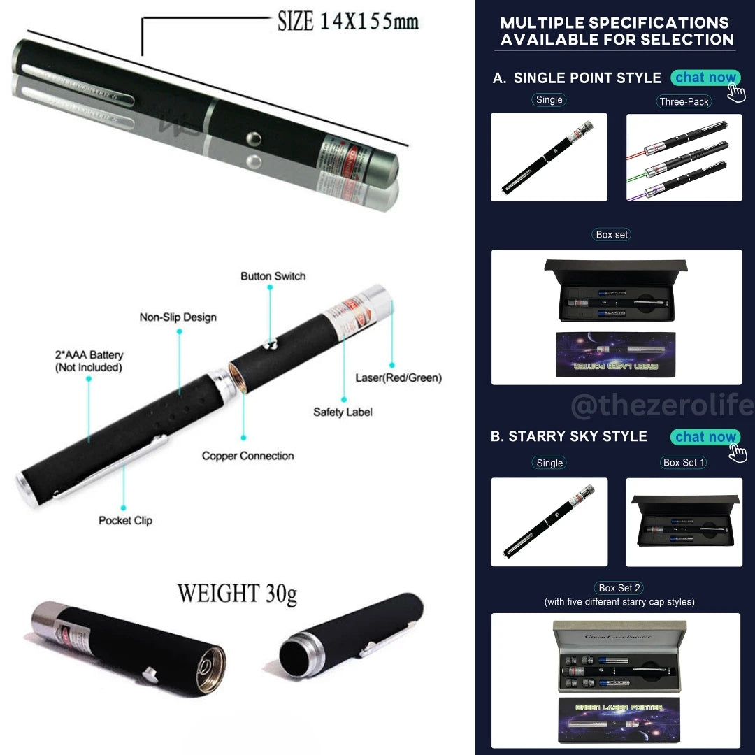Laser pointer with specifications and product images on a white background