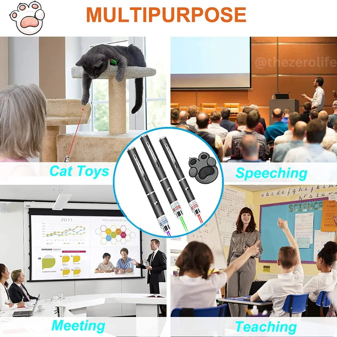 Multifunctional laser pointer used in various settings including a cat, classroom, and meeting.