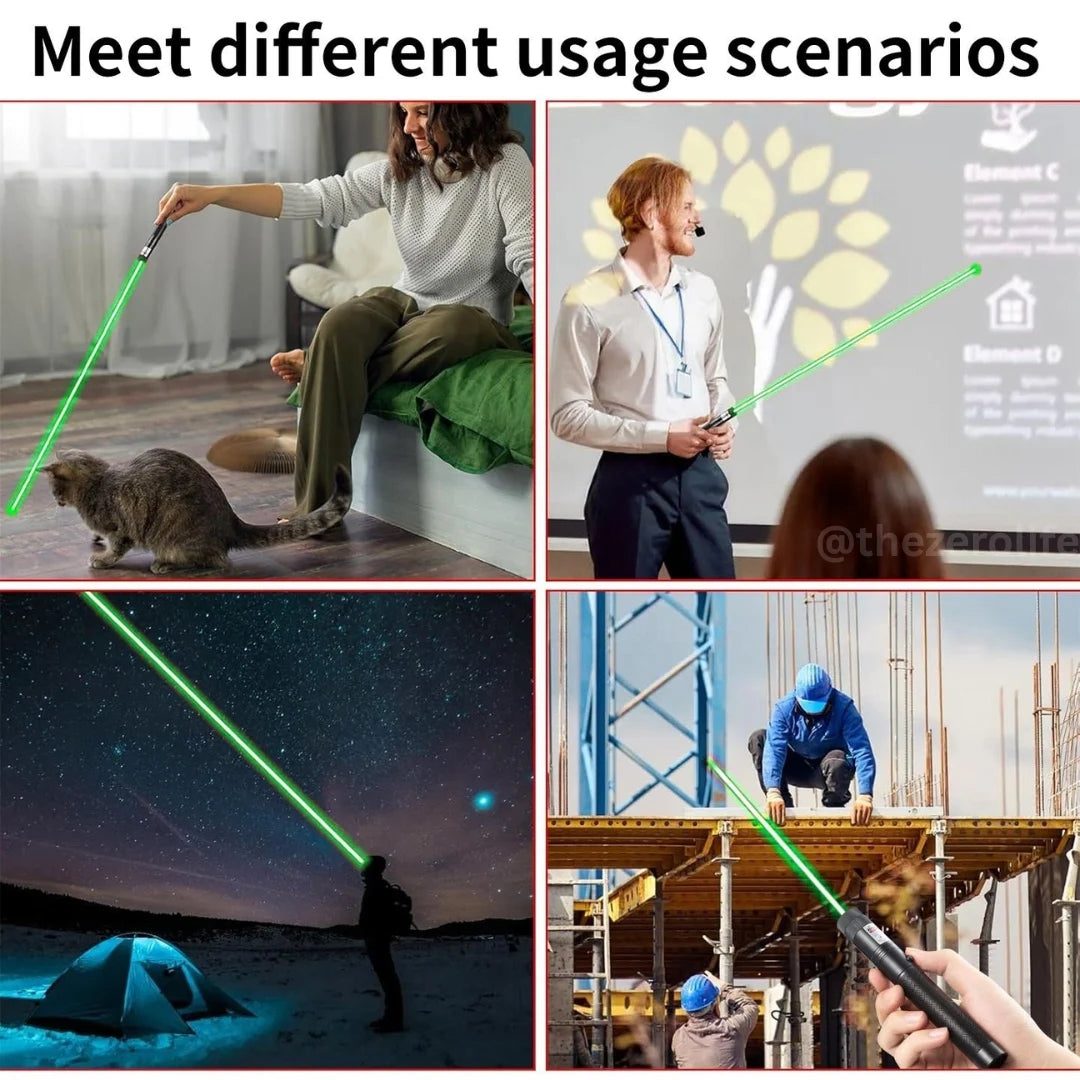Collage of various scenarios using a green laser pointer, including a person with a cat, a person in an office, a person in a desert, and a person on a high platform.