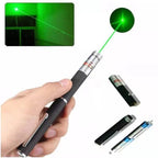 Green laser pointer with close-up of laser beam, hand holding it, and additional pointers on a white background.