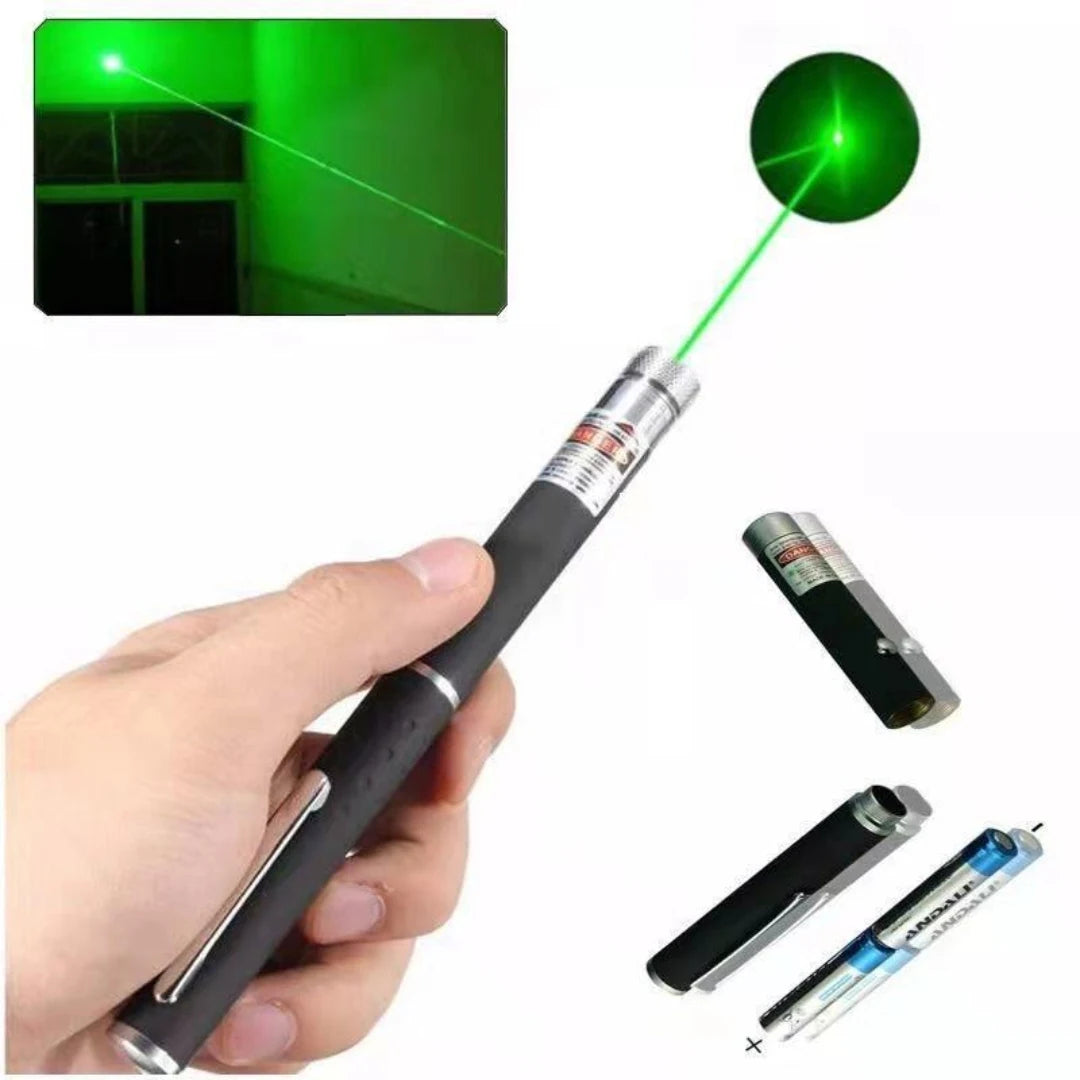Green laser pointer with close-up of laser beam, hand holding it, and additional pointers on a white background.