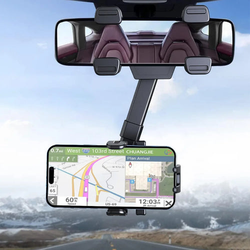 Car-mounted GPS device with a screen displaying navigation on a road background