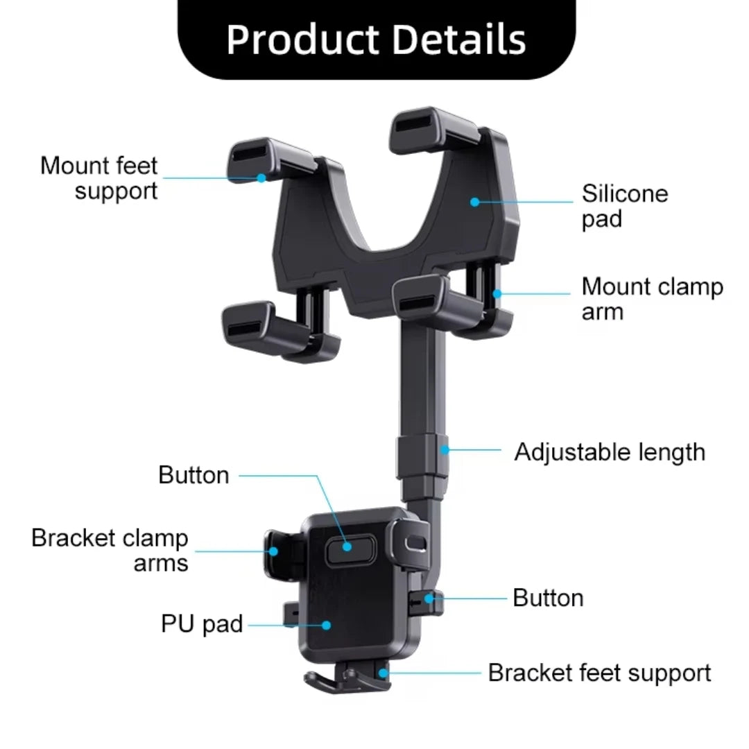 Phone holder with labeled parts on a white background