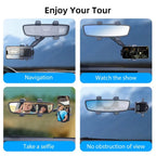 Car rearview mirror with attached camera for navigation, entertainment, and selfies.