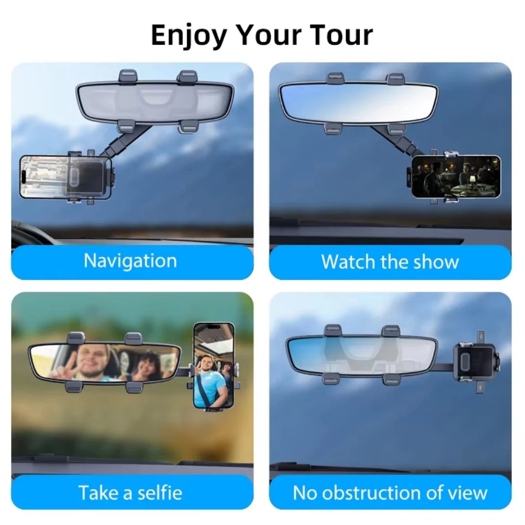 Car rearview mirror with attached camera for navigation, entertainment, and selfies.
