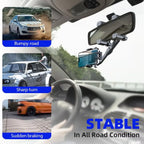Car rearview mirror with stability feature demonstration on bumpy road, sharp turn, and sudden braking.