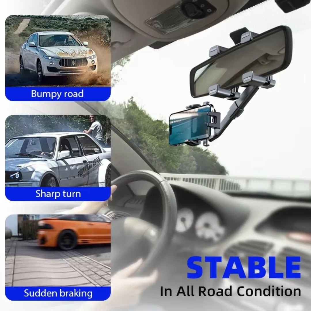 Car rearview mirror with stability feature demonstration on bumpy road, sharp turn, and sudden braking.