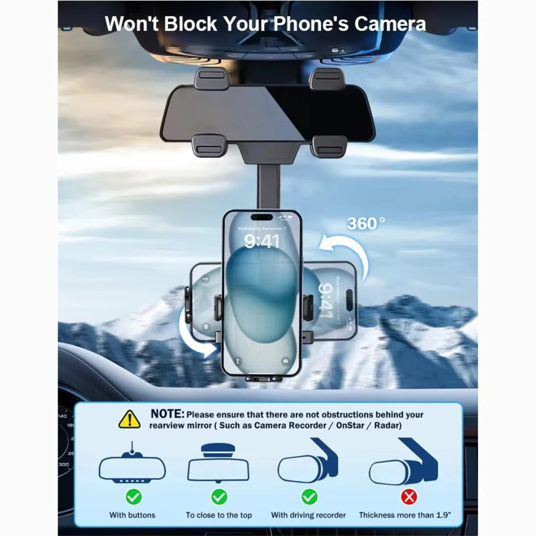 Car phone holder with 360-degree rotation feature, displayed in a car interior.