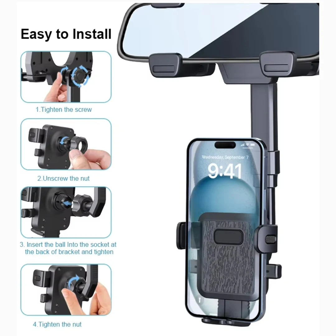 Phone holder with installation instructions and a smartphone displaying the time.