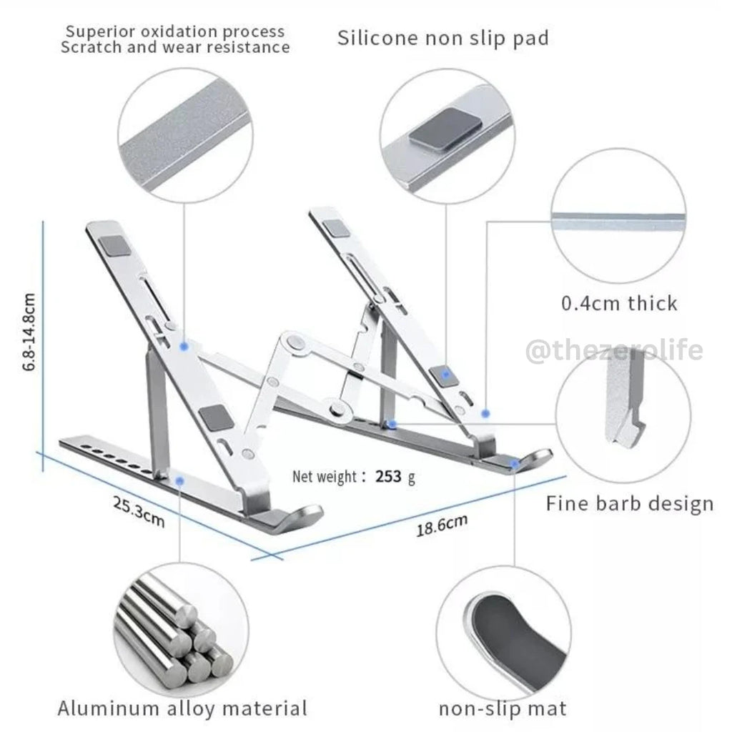 Laptop stand with features highlighted on a white background
