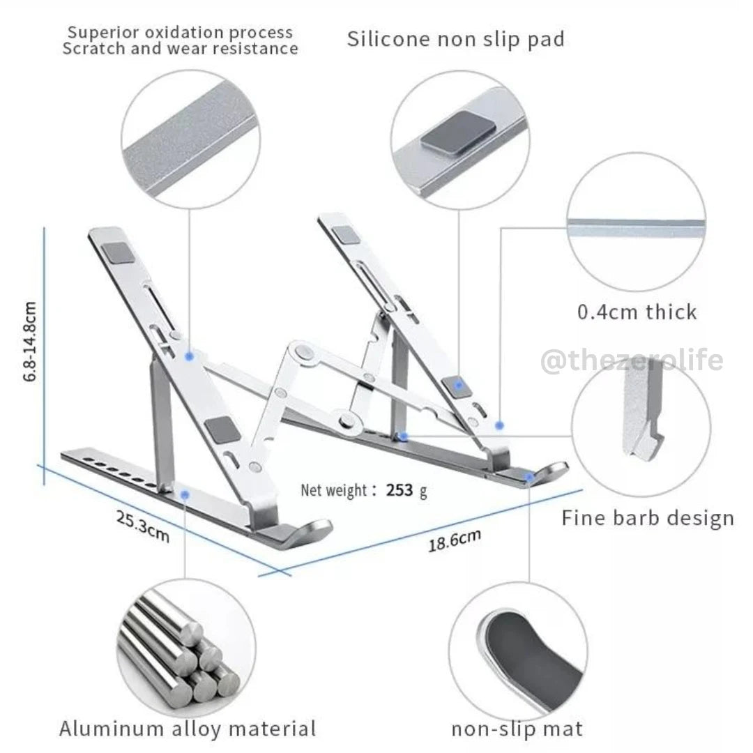 Laptop stand with features highlighted on a white background