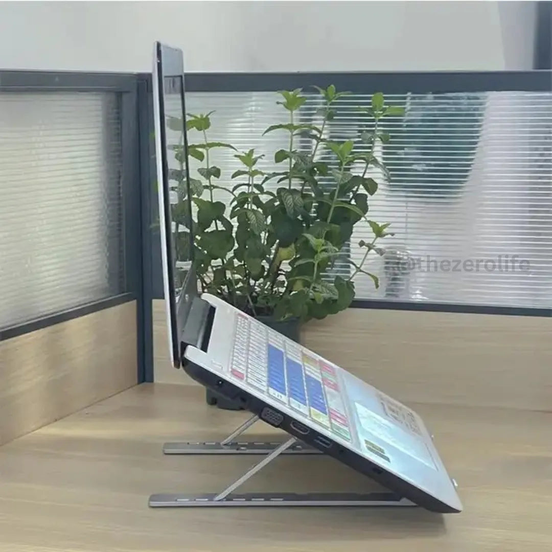 Computer monitor on a stand with a plant in an office setting