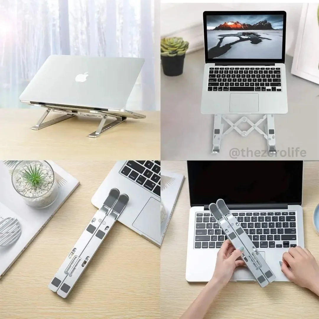 Collage of a laptop stand being used on a desk with a laptop, keyboard, and plant.