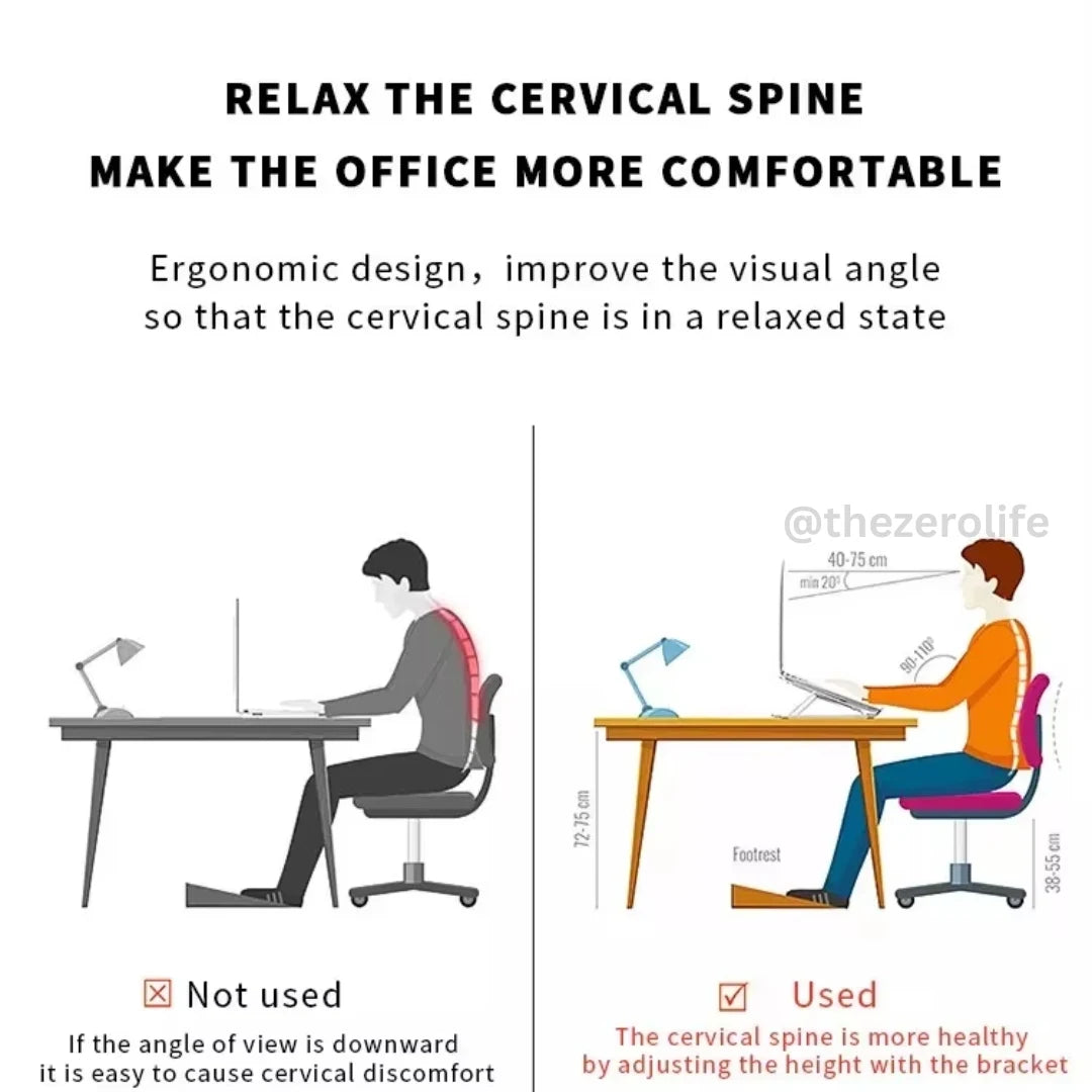 Illustration showing ergonomic office setup with text on cervical spine comfort.