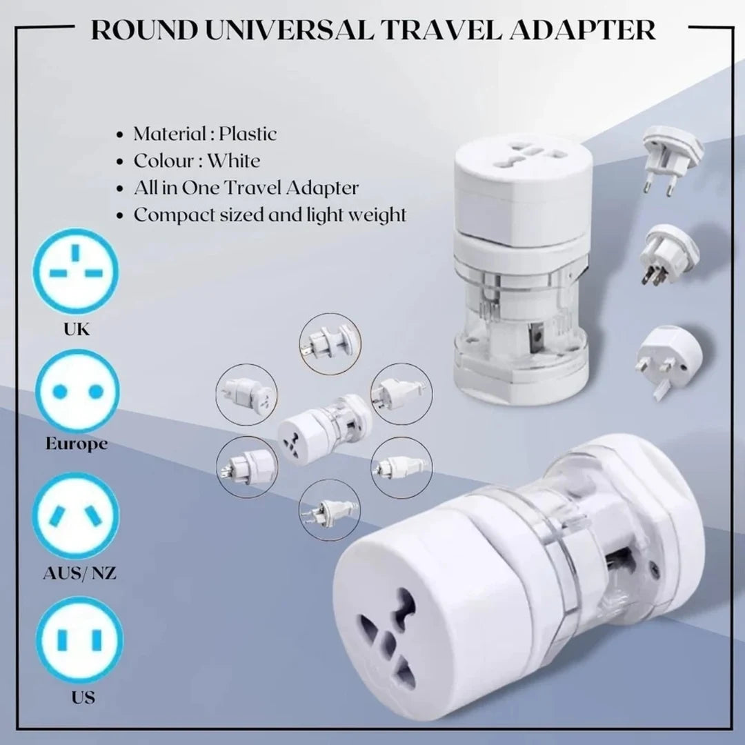 Round universal travel adapter with various plug types on a light blue background
