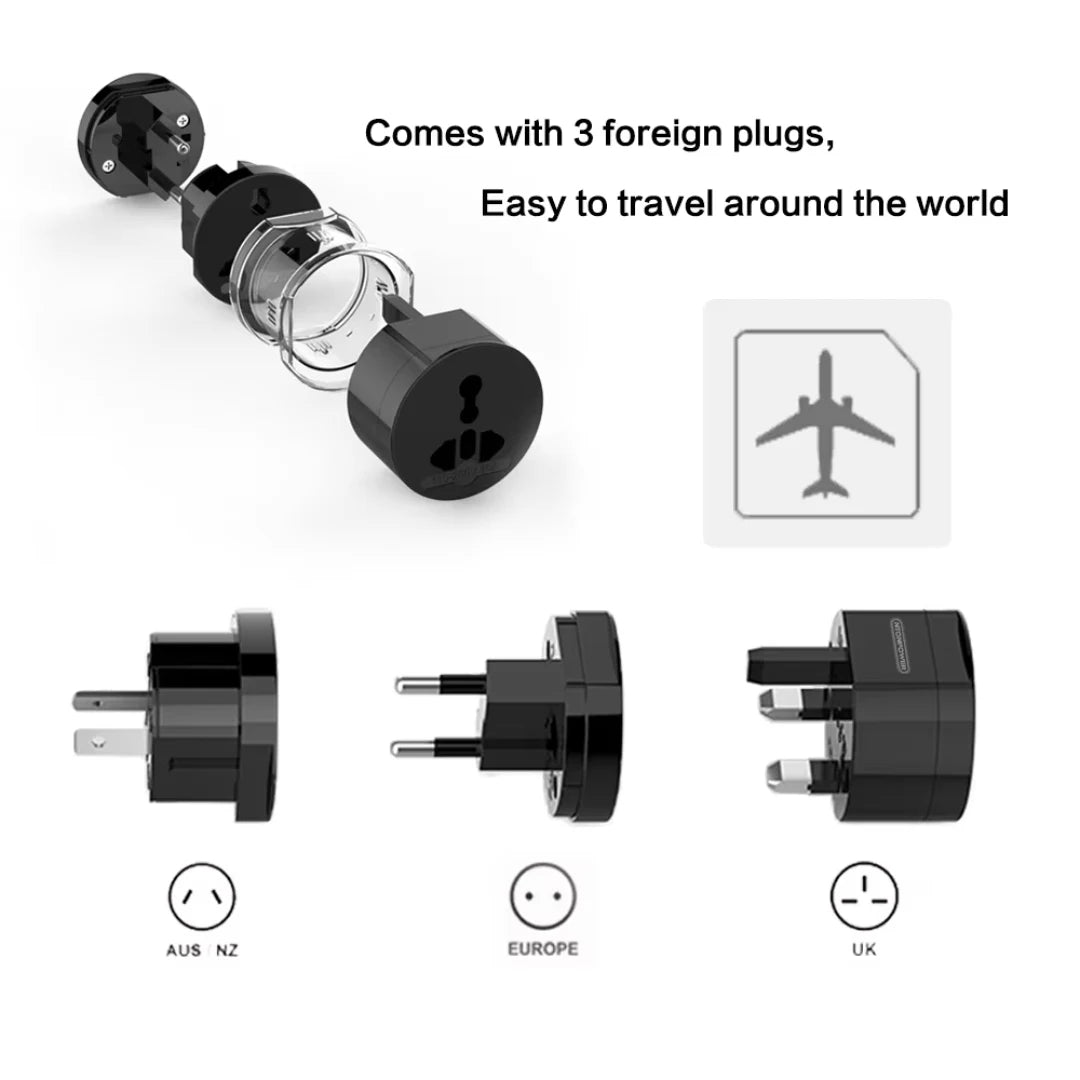 Set of three travel plugs with icons indicating compatibility for Australia, New Zealand, Europe, and UK on a white background.