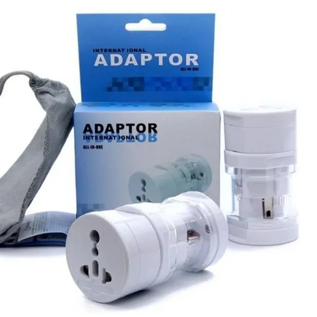 White international adapter with packaging on a white background
