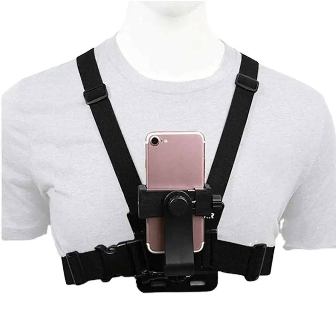 Black chest harness with phone holder on a white shirt