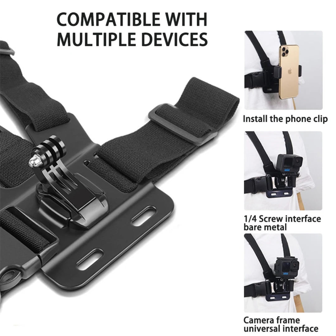 Black adjustable strap with phone clip and camera mount, compatible with multiple devices.