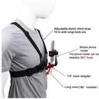 Mannequin wearing a chest harness with adjustable features and phone holder, labeled on a white background.