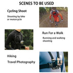 Scenes for action camera use including cycling, running, hiking, and travel photography.