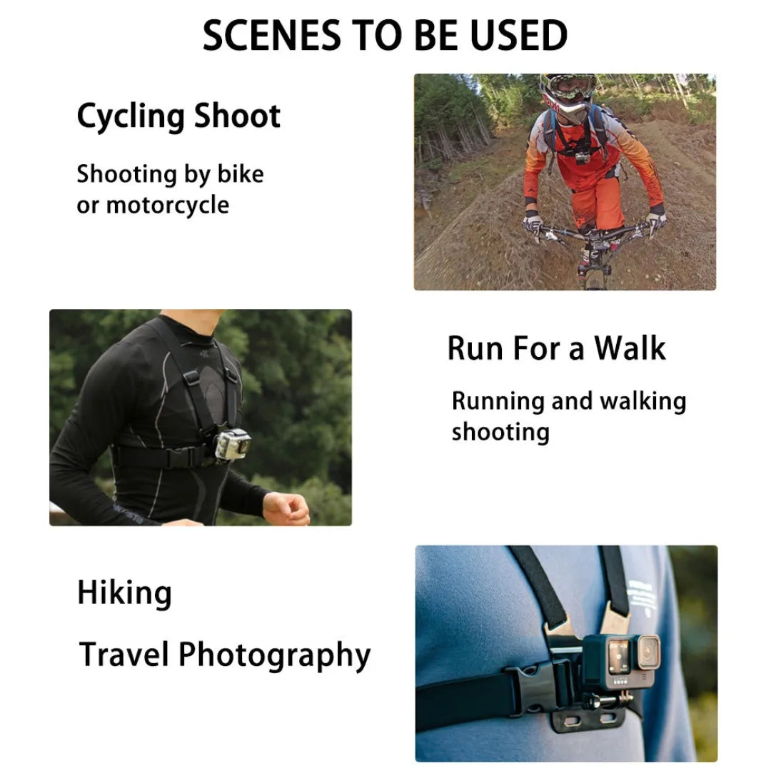 Scenes for action camera use including cycling, running, hiking, and travel photography.