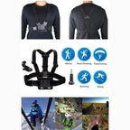 Black chest harness with straps on a person, shown from front and back, with icons indicating activities like hiking, rock climbing, parachuting, running, and skiing.