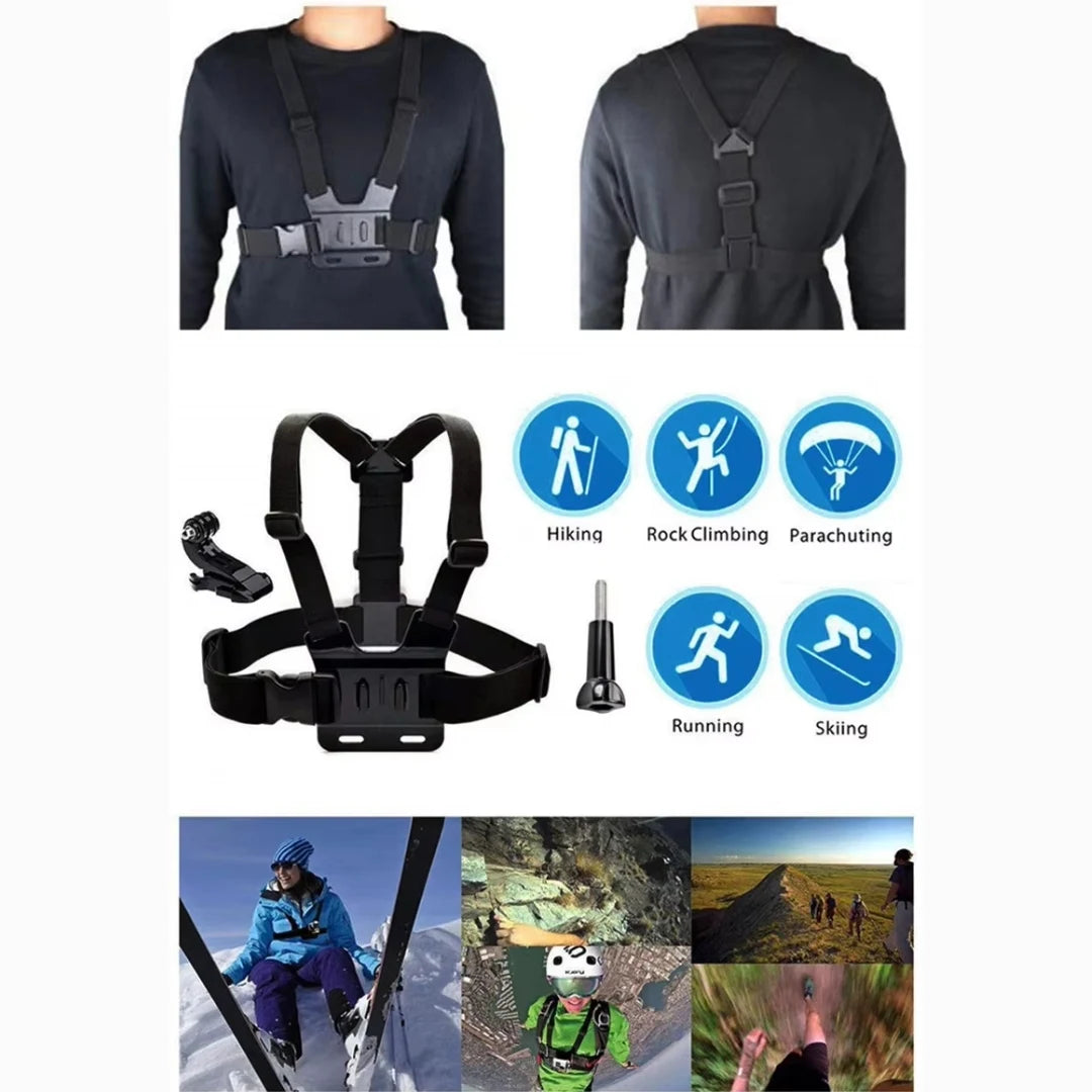 Black chest harness with straps on a person, shown from front and back, with icons indicating activities like hiking, rock climbing, parachuting, running, and skiing.