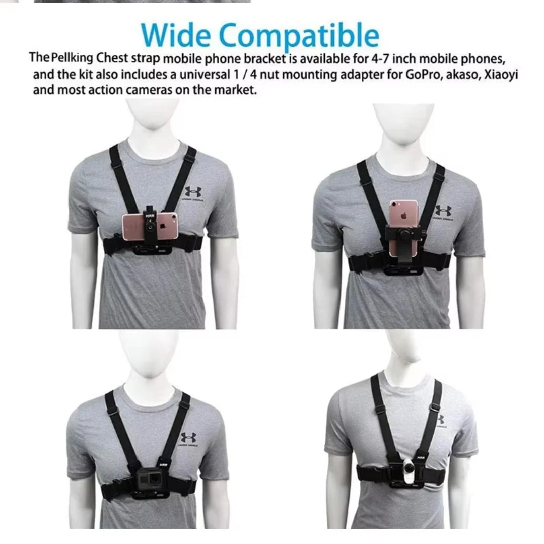 Mannequins wearing gray shirts with chest straps for mobile phones and action cameras.