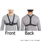 Camera harness shown from front and back on a person wearing a gray shirt.