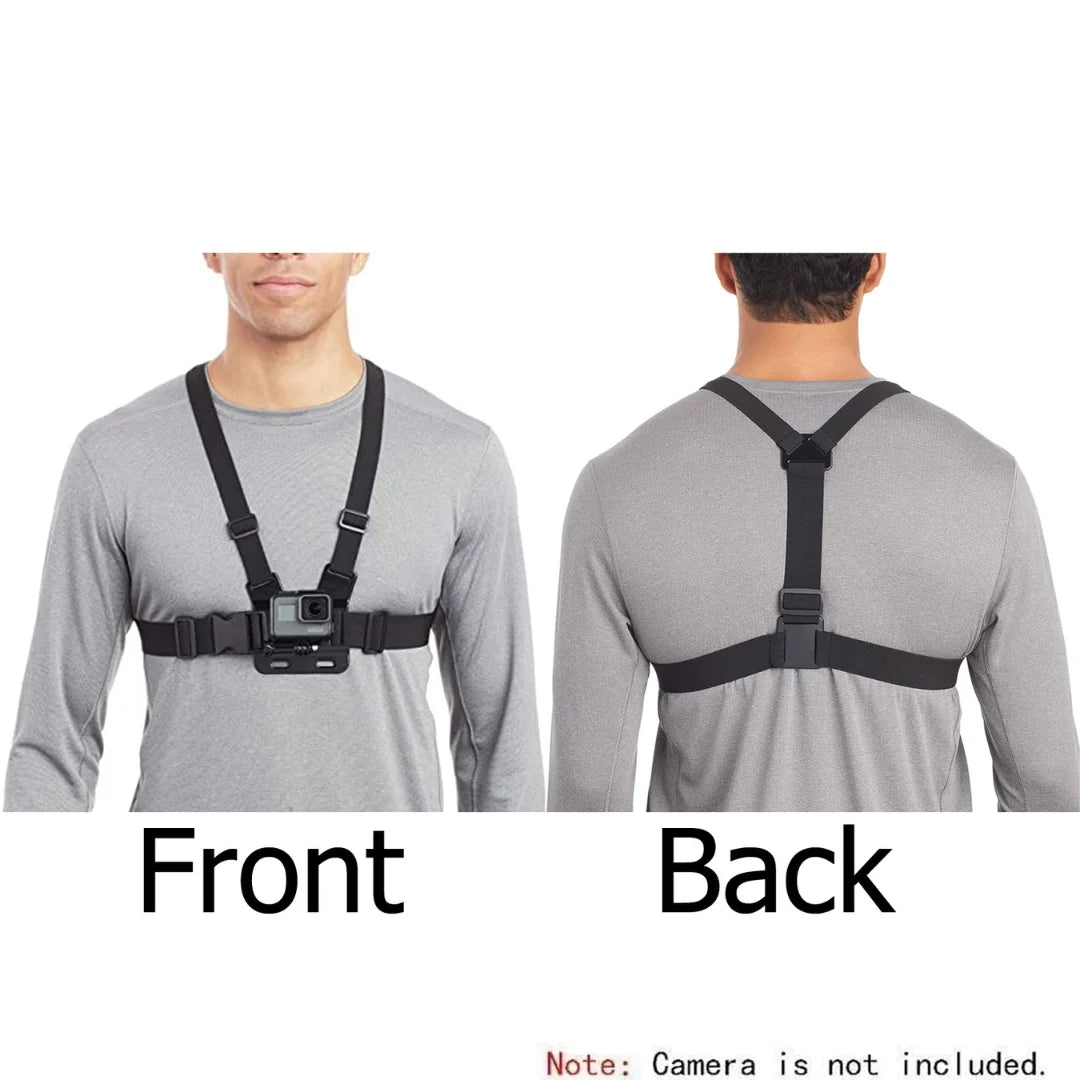 Camera harness shown from front and back on a person wearing a gray shirt.