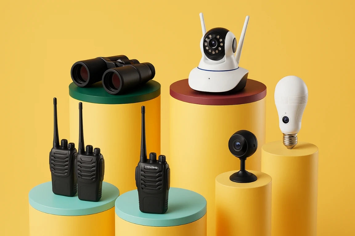 Collection of electronic devices including binoculars, cameras, and walkie-talkies on colorful cylindrical stands against a yellow background.
