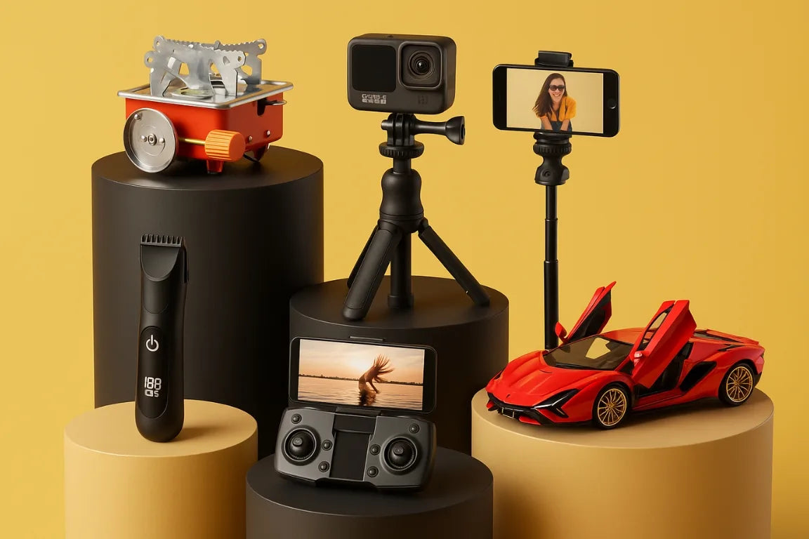 Collection of photography and videography equipment on stands with a yellow background