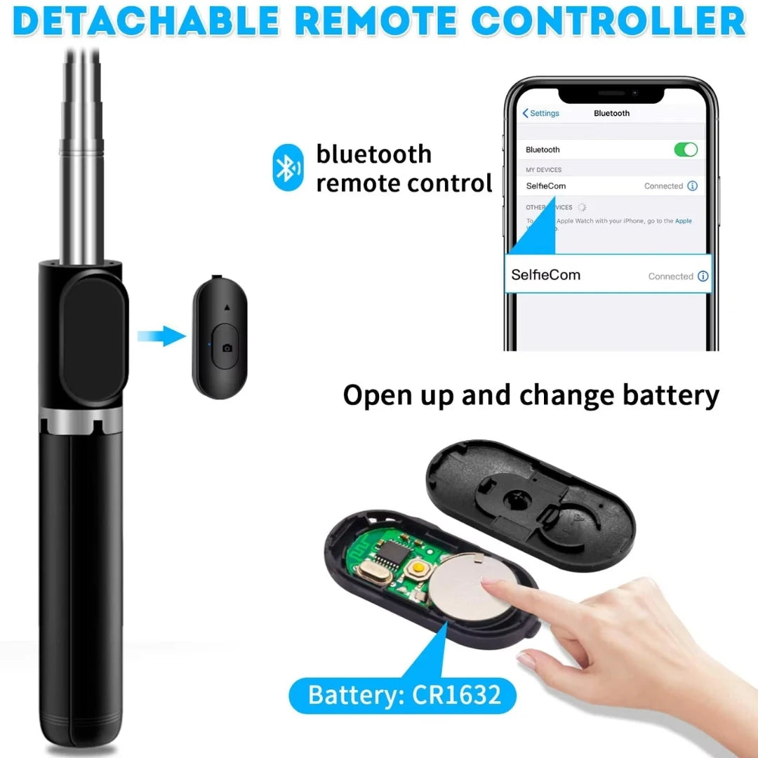 Detachable remote controller with Bluetooth connectivity, battery replacement instructions, and smartphone app interface.