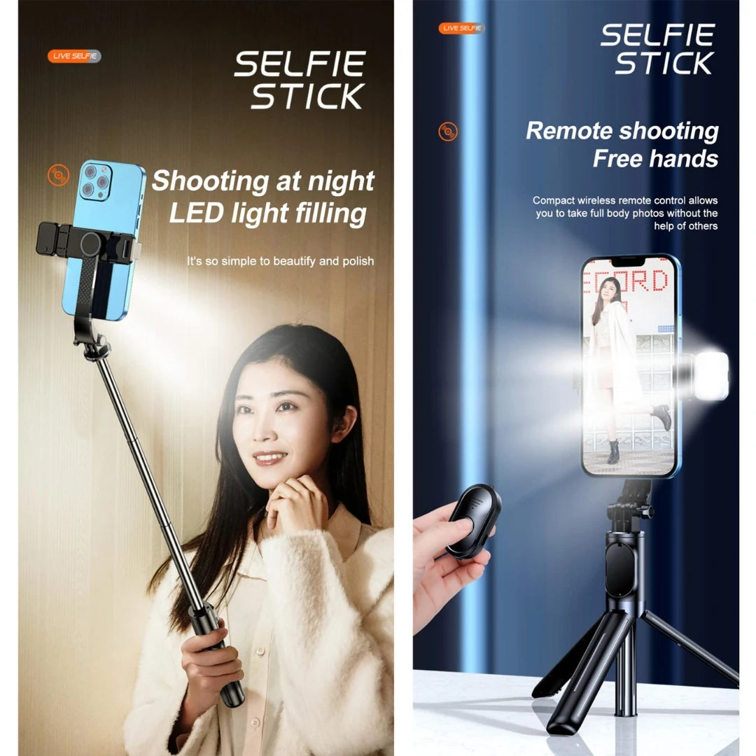 Selfie stick with LED light feature, used for remote shooting and free hands.
