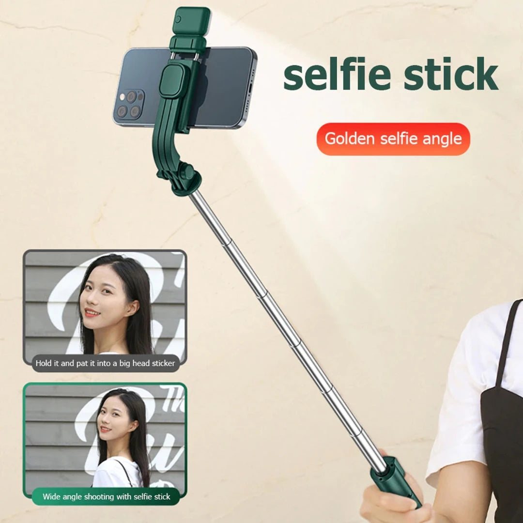 Green selfie stick with smartphone holder on a beige background