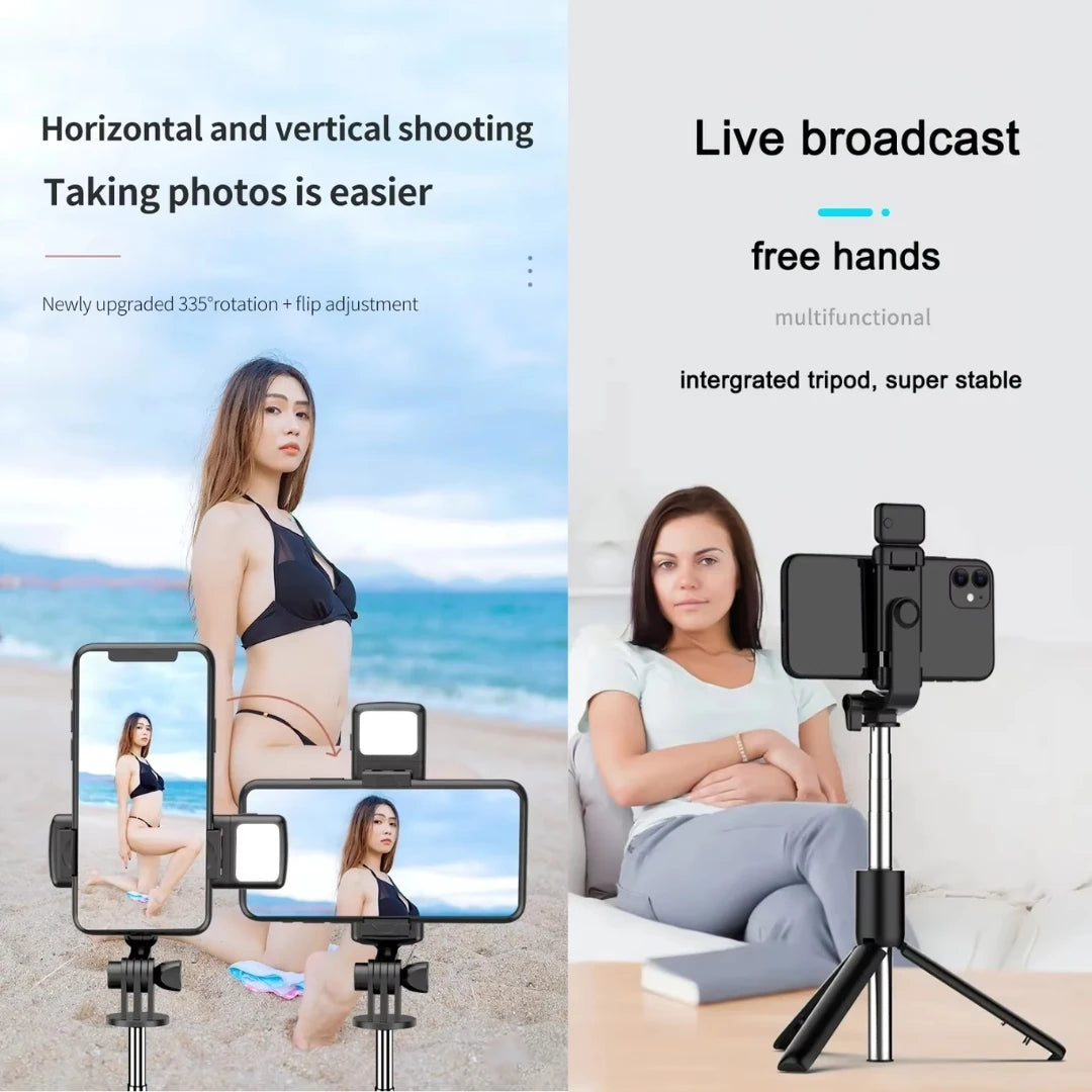 Smartphone with a selfie stick and phone holder on a beach and at home, with text about horizontal/vertical shooting and live broadcasting.