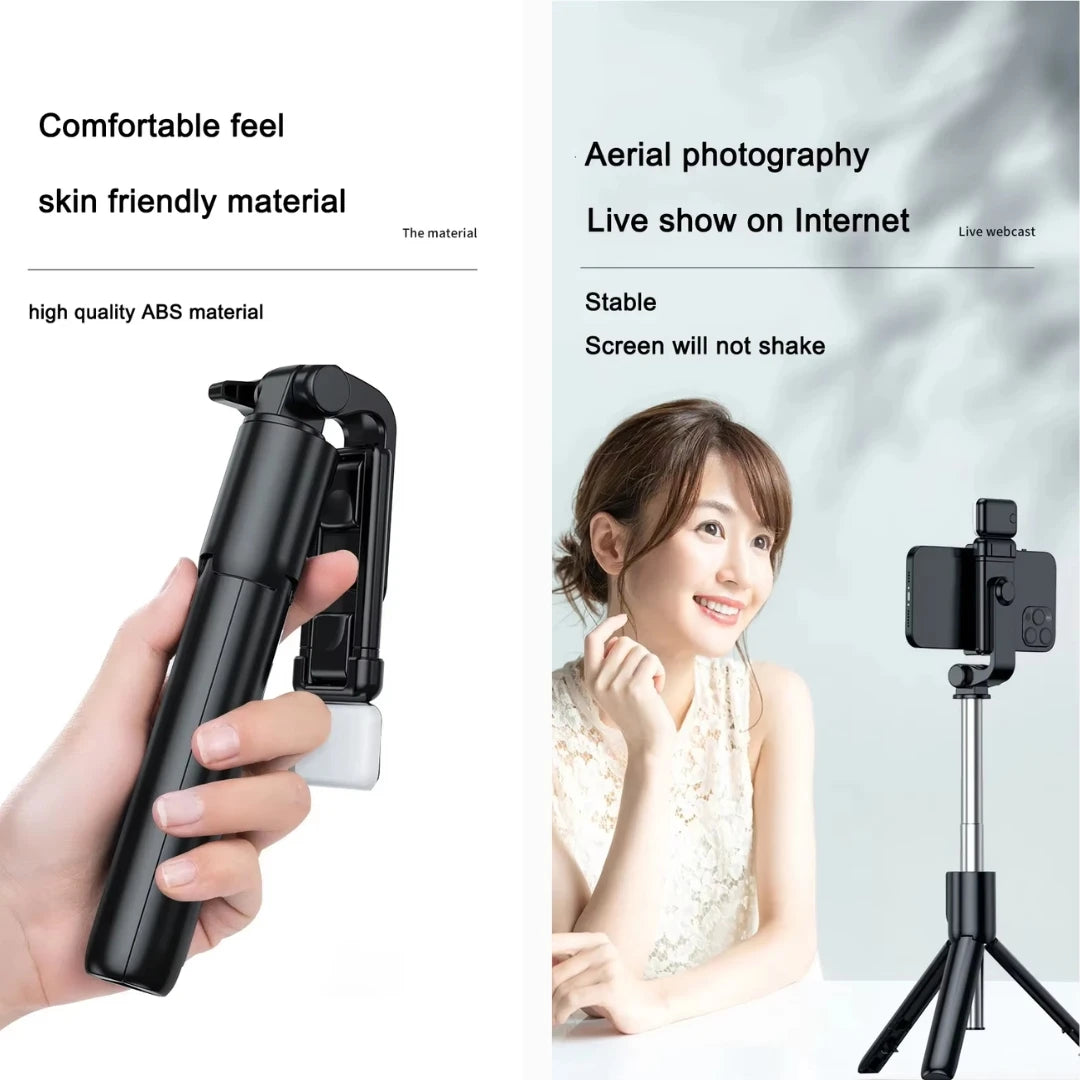Handheld device with a stand, material details, and usage scenarios on a white background.
