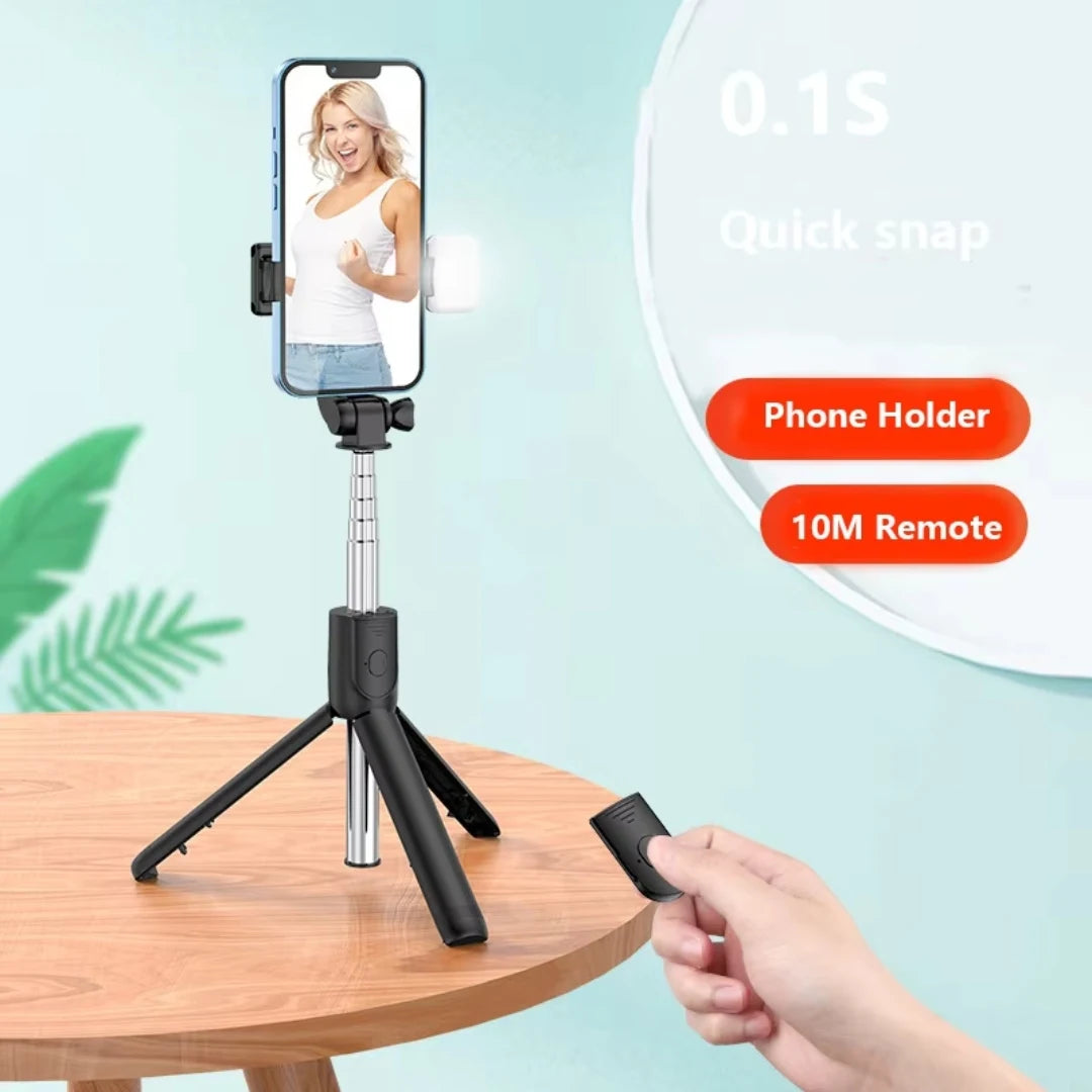 Phone holder with remote control on a table, showing a person using it.