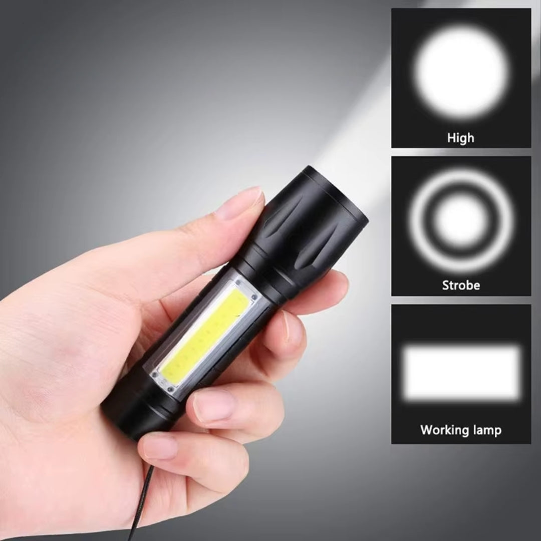 Hand holding a flashlight with light modes displayed on a gray background