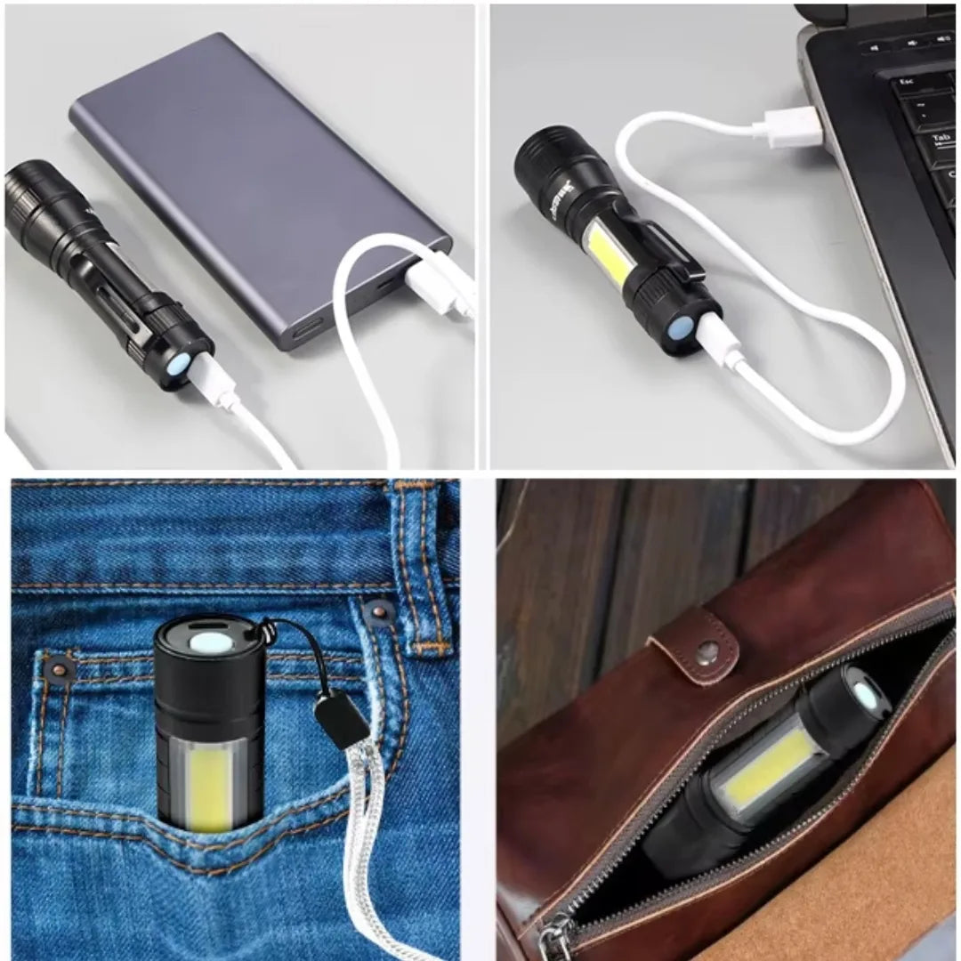 Collage of a flashlight being charged, used in various settings.