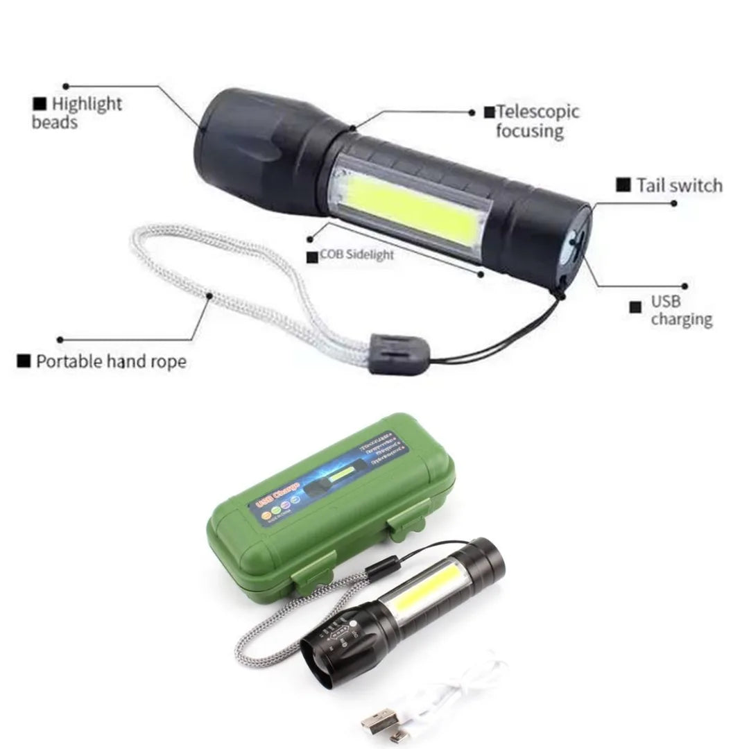 Flashlight with features labeled on a white background