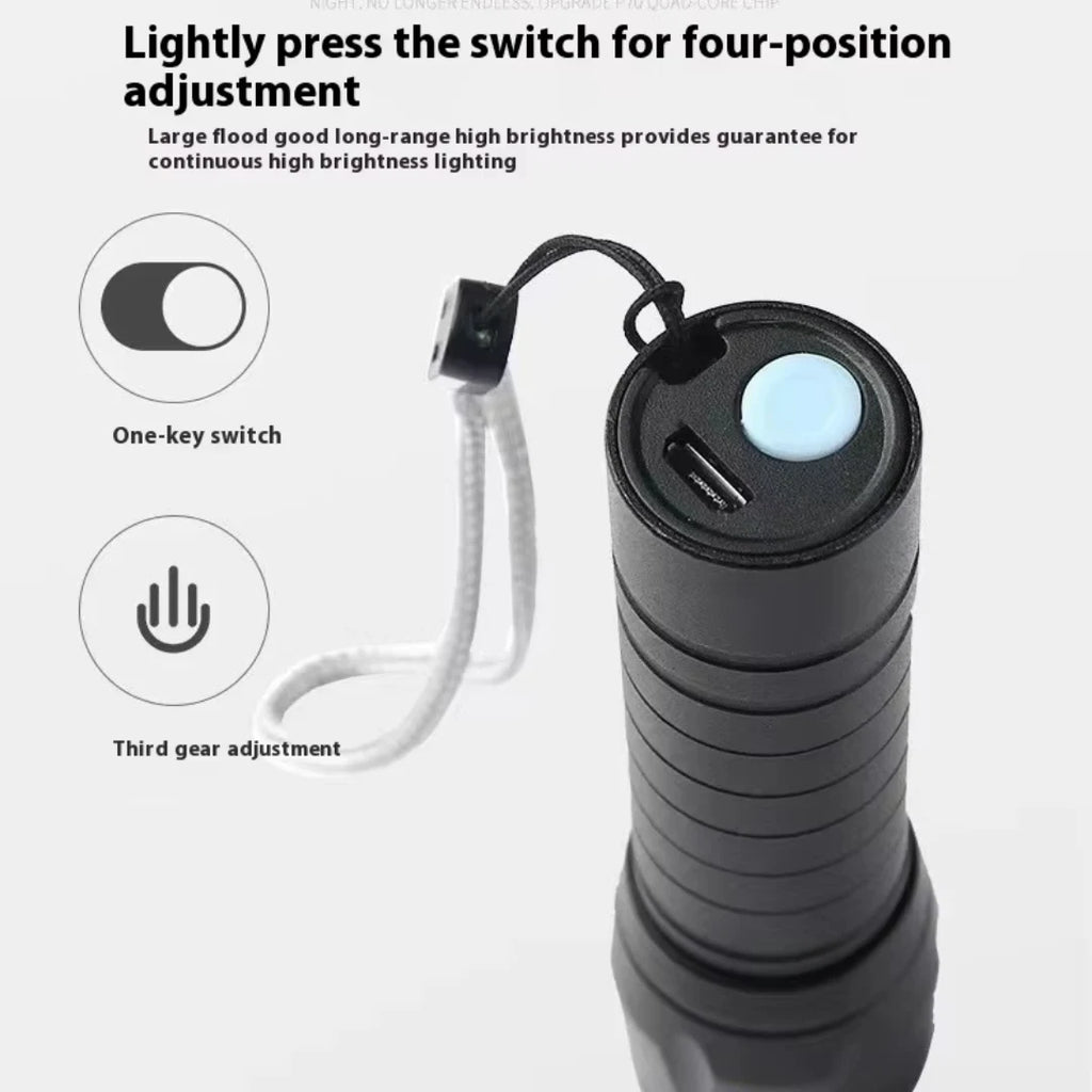 Black flashlight with switch and USB cable on a white background