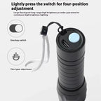 Black flashlight with switch and USB cable on a white background