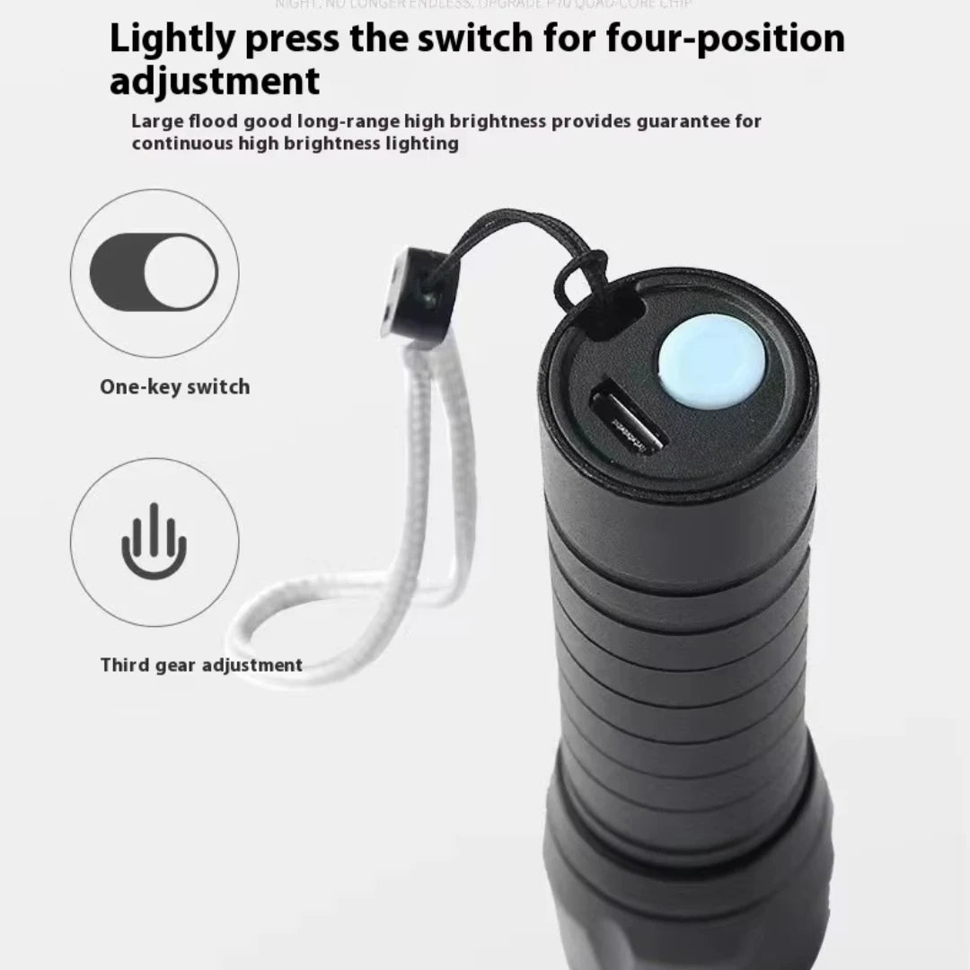 Black flashlight with switch and USB cable on a white background