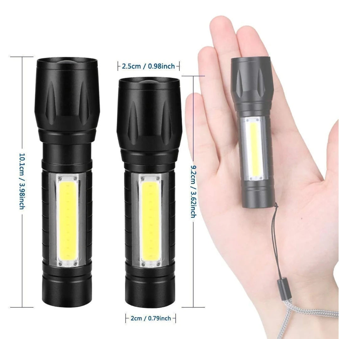 Two black flashlights with measurements and a hand holding one flashlight.